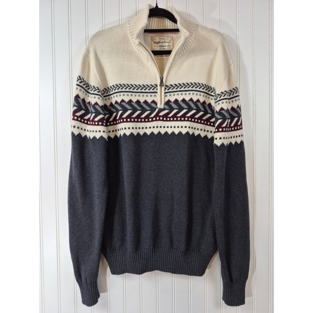 Weatherproof Vintage Mens Fair Isle 1/4 Zip Holiday Sweater Cotton Grey Medium
